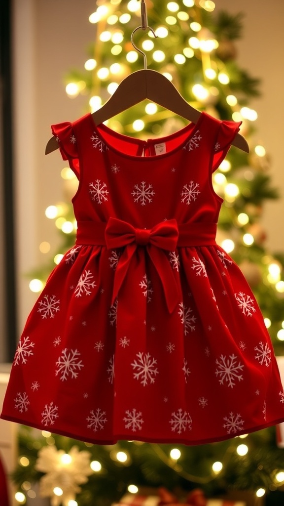 A bright red Christmas dress for toddlers with snowflakes and a bow, hanging against holiday lights.
